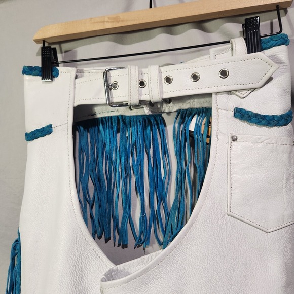 Leather King Western Biker Chaps White w Turquoise Fringe Small Side Zip NEW - Picture 4 of 9